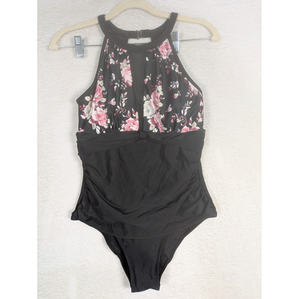 Floral One-Piece Swimsuit Women's Size S Black Pink Mesh Ruched Halter